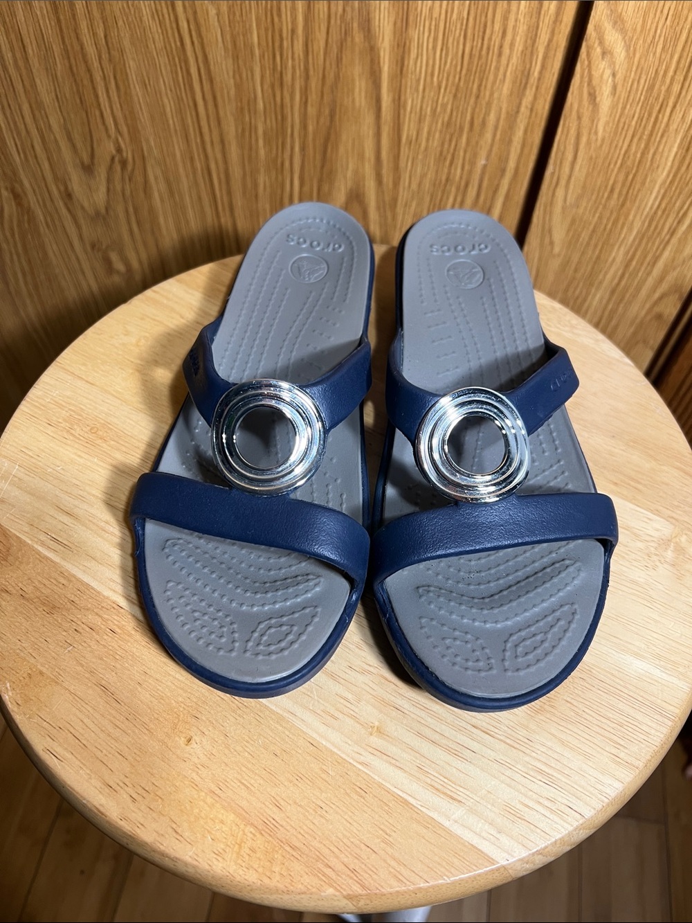 CROCS Navy and Gray Women's Slide Sandals with Silver Ring Detail